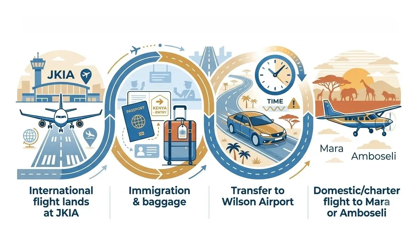Timeline from international arrival at JKIA to a domestic safari flight from Wilson Airport