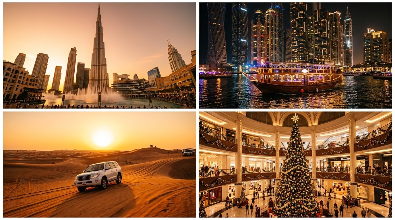 Dubai at Christmas — Burj Khalifa at golden hour, a Marina dhow cruise and a desert safari, part of a Dubai holiday package from Kenya