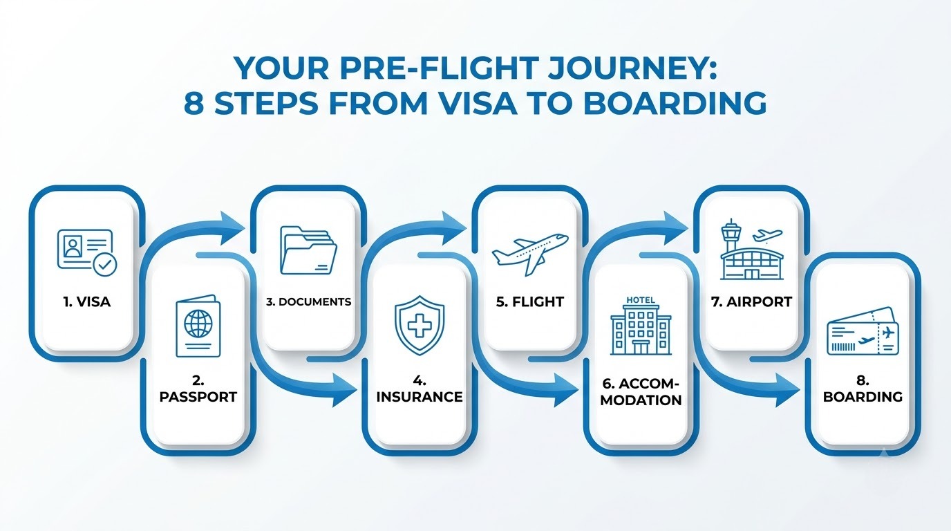 Visa to Boarding pre-flight chain: Visa, Passport, Documents, Insurance, Flight, Accommodation, Airport, Boarding