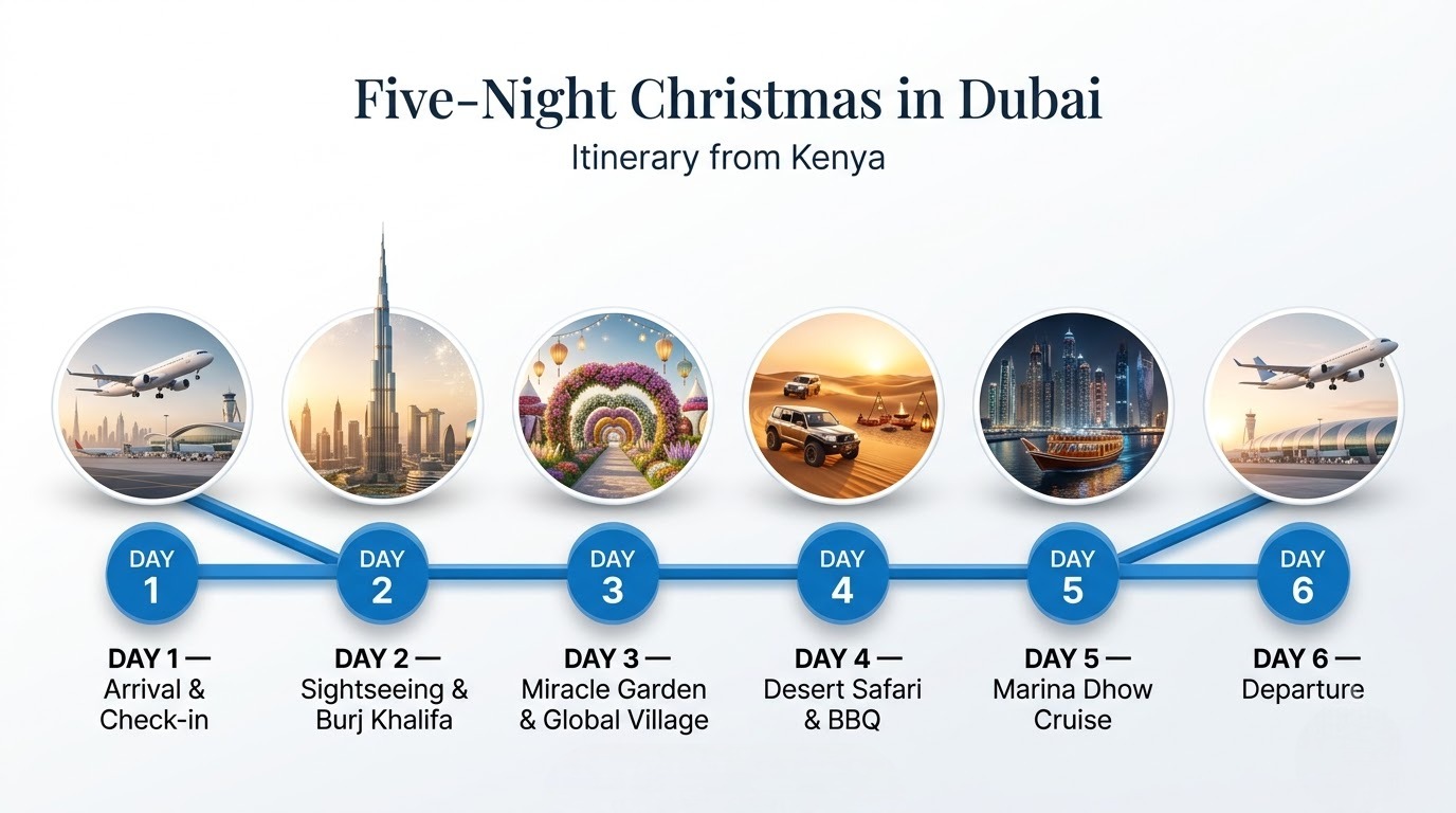 Five-night Christmas in Dubai itinerary from Kenya — Burj Khalifa, Miracle Garden, Global Village, desert safari and Marina Dhow Cruise