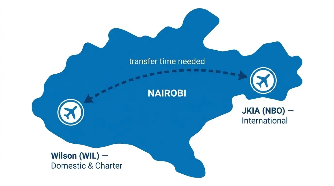 Map showing JKIA and Wilson Airport as separate Nairobi airports — Flight Booking Agents in Nairobi guide