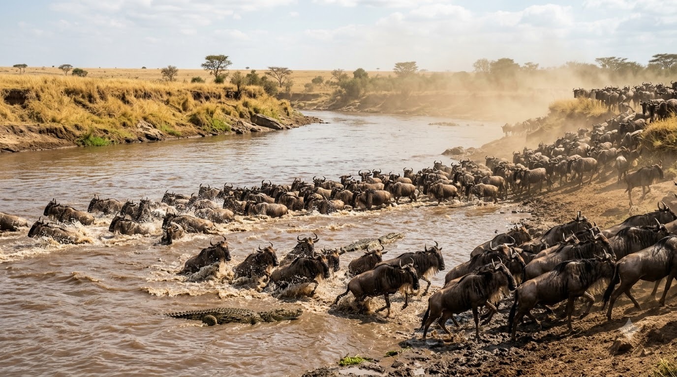 Wildebeest crossing the Mara River during a Kenya safari in September