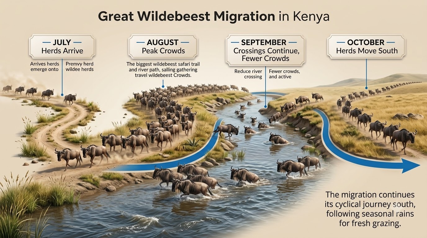 Great Migration timeline July to October — why a Kenya safari in September still catches the crossings