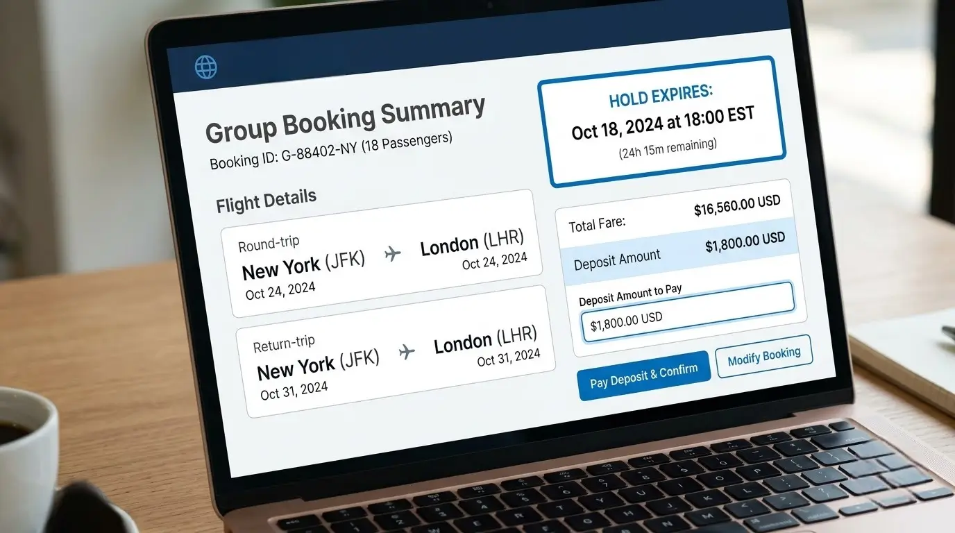 Group seat hold with a deposit deadline shown on a booking screen