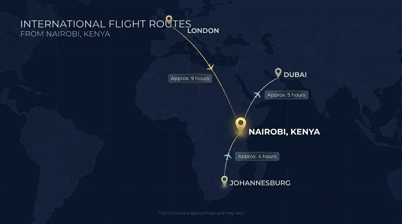 Map of business flight routes from Nairobi to Dubai, London and Johannesburg