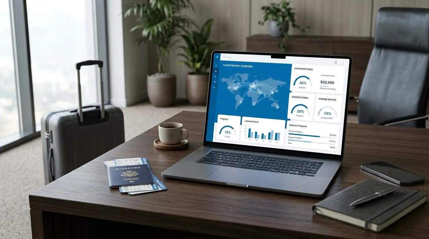 Q4 travel budget planner showing routes, average fares and a change buffer