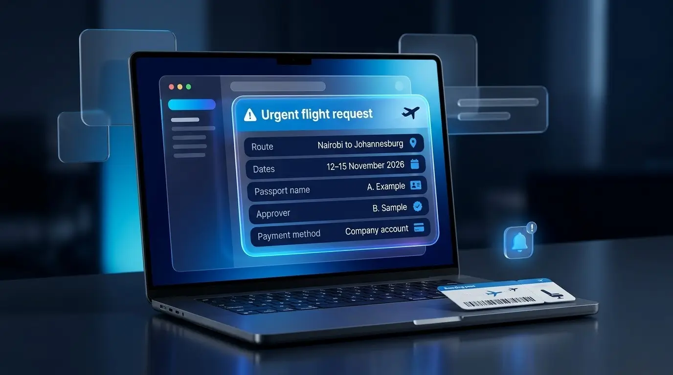 Sample urgent flight booking request with traveller details and approver named