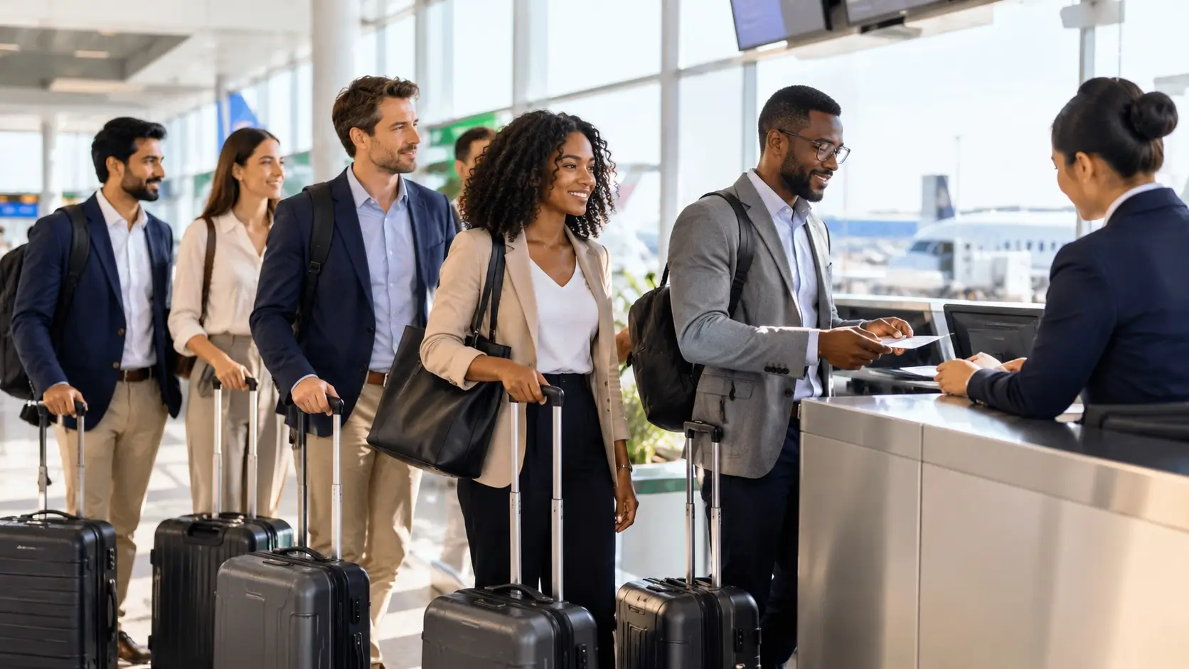Business team checking in together for a group flight